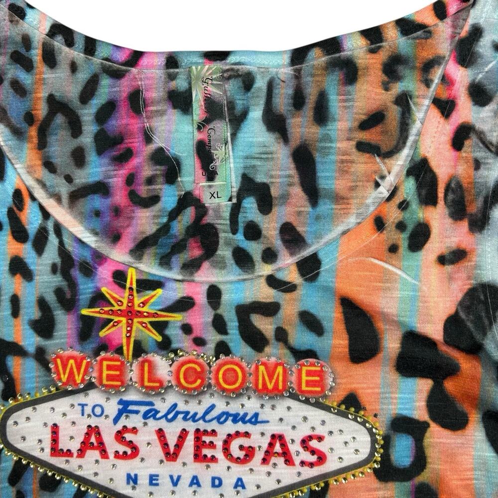 Y2K Women XL Rainbow Cheetah Las Vegas Nevada Graphic Tank Top Rhinestone Bling - Picture 5 of 8